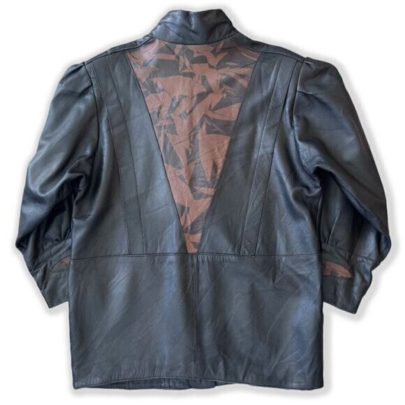 Vintage Black Brown Leather Geometric Print Oversized Mid-Length Jacket 80s 90s - Picture 5 of 7